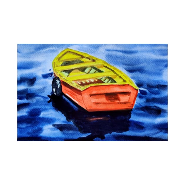 Boat on the sea watercolours illustration by Ala Lopatniov