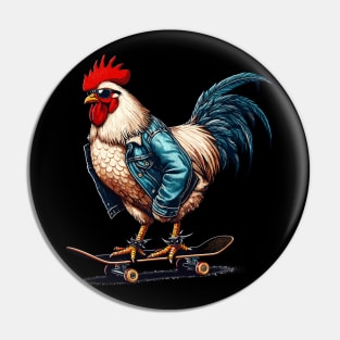 Retro cool rooster skateboarder Pin