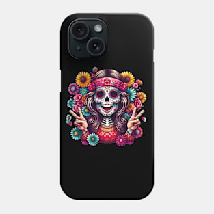 Sugar Skull Art - Female Skeleton Flashing Peace Signs - Celebrating Dia de los Muertos in Style Phone Case