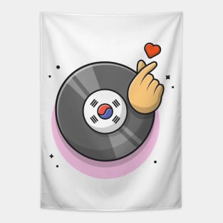 Vinyl Disk Music with Finger Heart Cartoon Vector Icon Illustration Tapestry