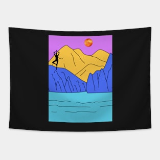 Animated Yoga Mountains Sun and River Graphic Tapestry