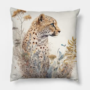 Watercolor Cheetah in Nature, Floral Design Pillow