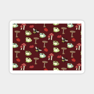 Burgundy Cottagecore Mushroom and Frog Pattern Magnet