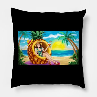 Woman Sitting Inside Pineapple Drinking Cocktail Pillow