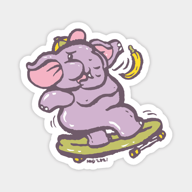 Asian purple elephant playing surf skate with banana Magnet by nokhookdesign