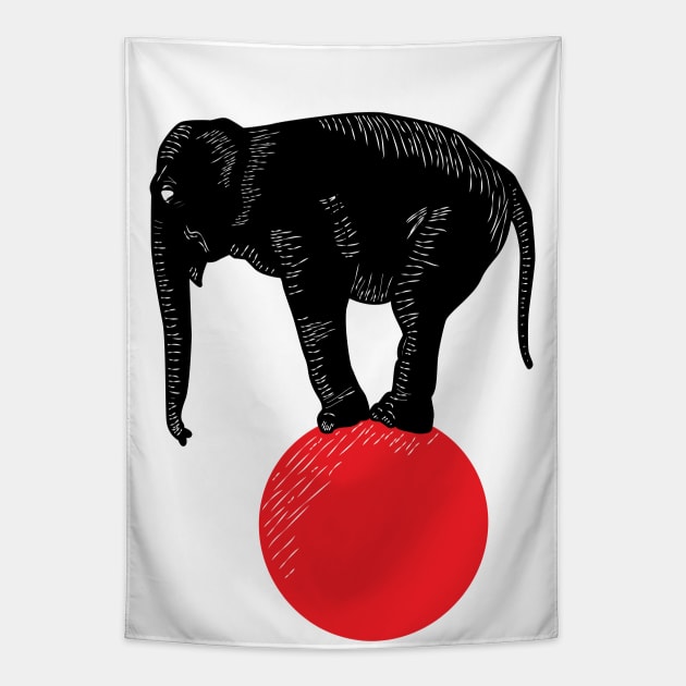 Elephant circus black, white and red Tapestry by Nosa rez