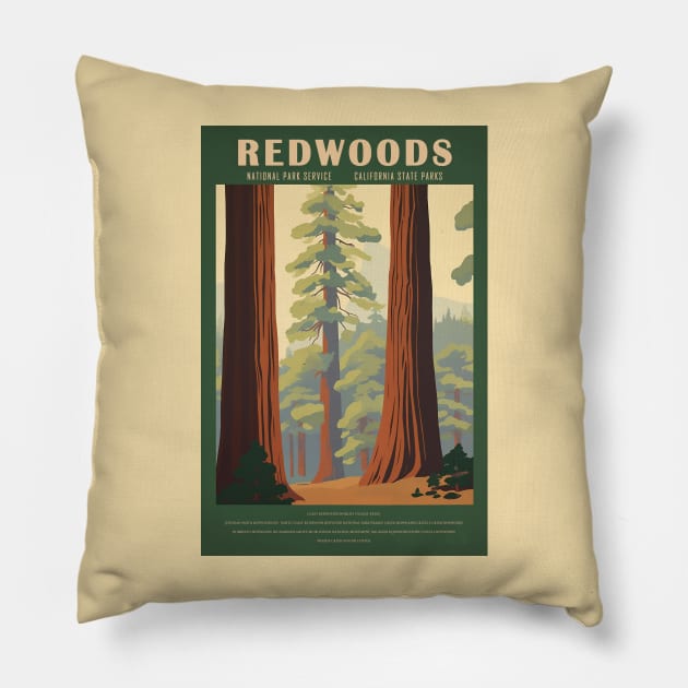 Redwoods National Park Vintage Travel Poster Pillow by GreenMary Design