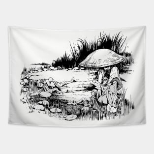 Vintage Fairy Tale Mushroom Nap Scene Tapestry