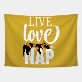 Live Love Nap Sleepy Calico Cat - Lazy Day Kitty Lover Tapestry