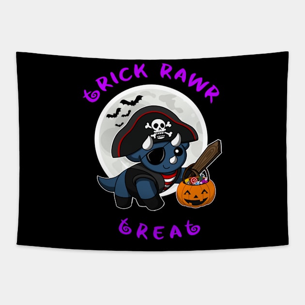 Trick Rawr Treat | Halloween Dinosaur cute costume Triceratops Pirate kawaii design Tapestry by JustJoshDesigns