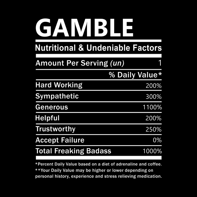 Gamble Name T Shirt - Gamble Nutritional and Undeniable Name Factors Gift Item Tee by nikitak4um