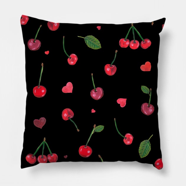 Cherries and red hearts beautiful summer pattern Pillow by GULSENGUNEL