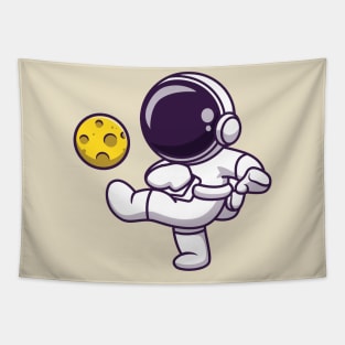 Cute Astronaut Playing Soccer Moon Cartoon Tapestry