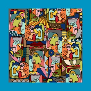 Cubist Picasso Style Faces In Mid Century Modern Colors T-Shirt