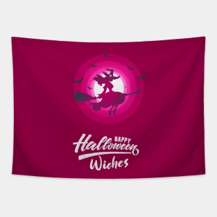 Happy Halloween Beauty Witch Flying Broom Tapestry