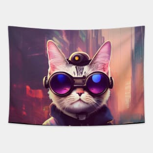 Techno Cat In Japan Neon City Tapestry