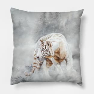 Snow Tiger - white tiger in snow - pastel painting Pillow