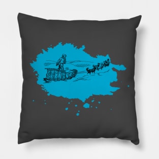 Husky Dog Sled Arctic Blue Splash Pillow