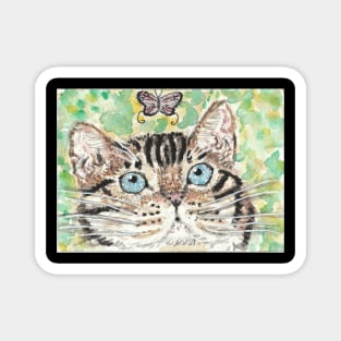 Bengal kitten and the butterfly watercolor painting Magnet