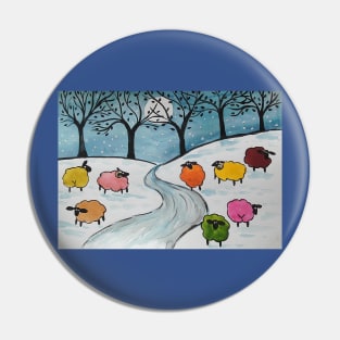 Quirky Colourful Sheep in the Snow Pin