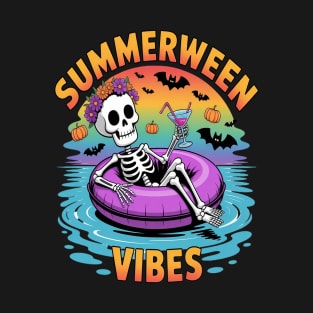 Summerween Vibes Halloween Summer Fun Pumpkin Skeleton T-Shirt