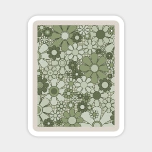 Retro Garden Flowers on Gingham Vintage Sage Green 60s 70s Floral Pattern Magnet