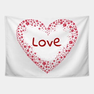 Red Paw Print Love Heart Tapestry