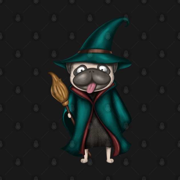 Cute Pug In Witch Costume by Luna Illustration