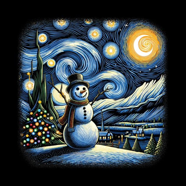 Van Gogh Starry Night Christmas Snowman Winter Snowy Night by rivkazachariah