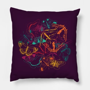 Pattern of colorful neon butterflies over dark violet Pillow