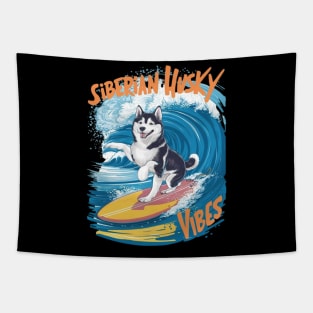 A smart, cute, and funny Siberian Husky dog riding a surfboard on top of a huge wave at a tropical island. Tapestry