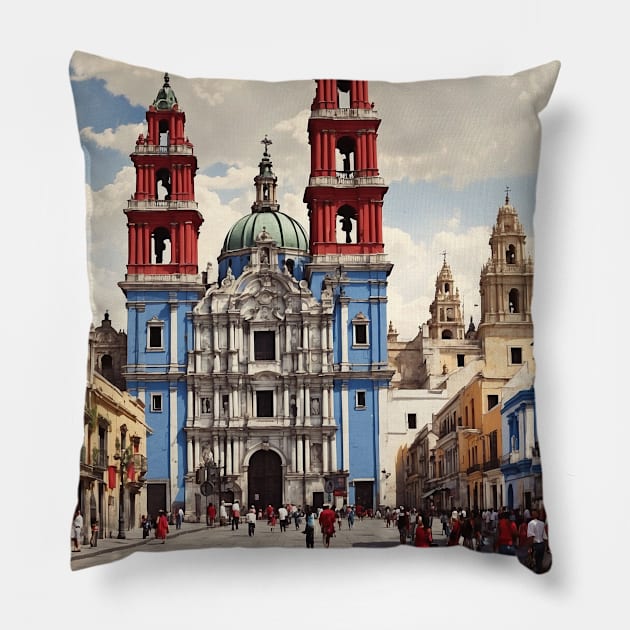 Zocalo de Puebla Mexico Vintage Poster Tourism Pillow by TravelersGems