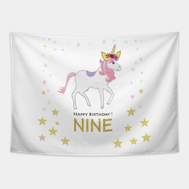 Ninth birthday. Nine. Unicorn Birthday invitation. Party invitation greeting card Tapestry by GULSENGUNEL