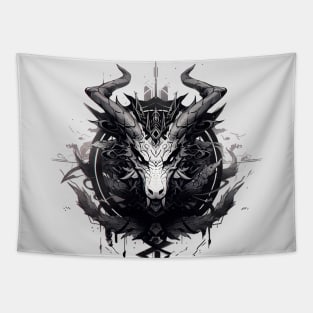 Black and white illustration of a dragon's head Tapestry