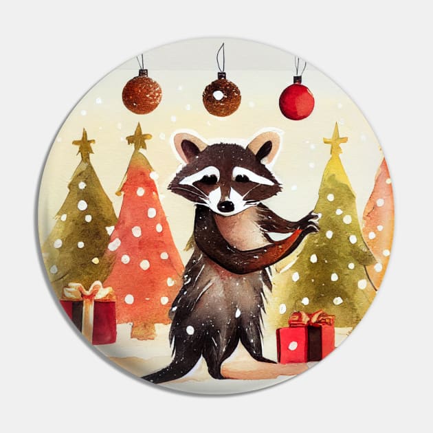 Raccoon Decorating Christmas Tree Pin by fistikci