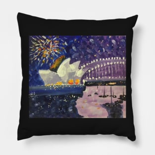 Sydney Harbour New Year Eve Fireworks 2, a painting by Geoff Hargraves Pillow