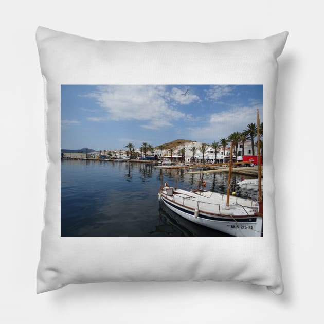 Fishing boat at Fornells, Minorca, Spain Pillow by fantastic-designs