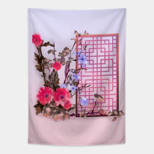 Pink sumiE watercolor flowers with a chinese lattice Tapestry