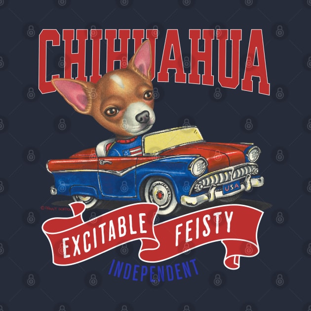 Funny and cute Chihuahua dog in a vintage retro classic car with red white and blue flags tee by Danny Gordon Art