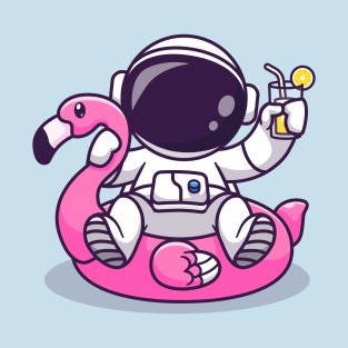 Cute Astronaut On Flamingo Swimming Tires And Orange Juice Cartoon T-Shirt