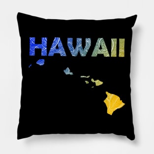 Colorful mandala art map of Hawaii with text in blue and yellow Pillow