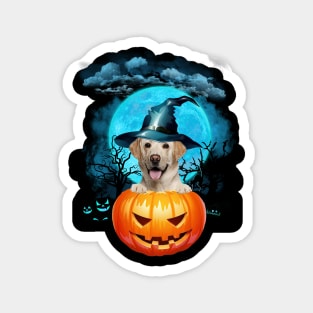 Yellow Labrador Witch Hat Pumpkin And Blue Moon Halloween Magnet