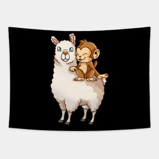 Funny Monkey Riding on Llama Cute Monkeying Around Tapestry