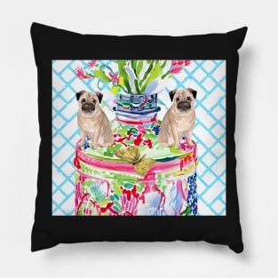 French bulldogs and chinoiserie jar Pillow