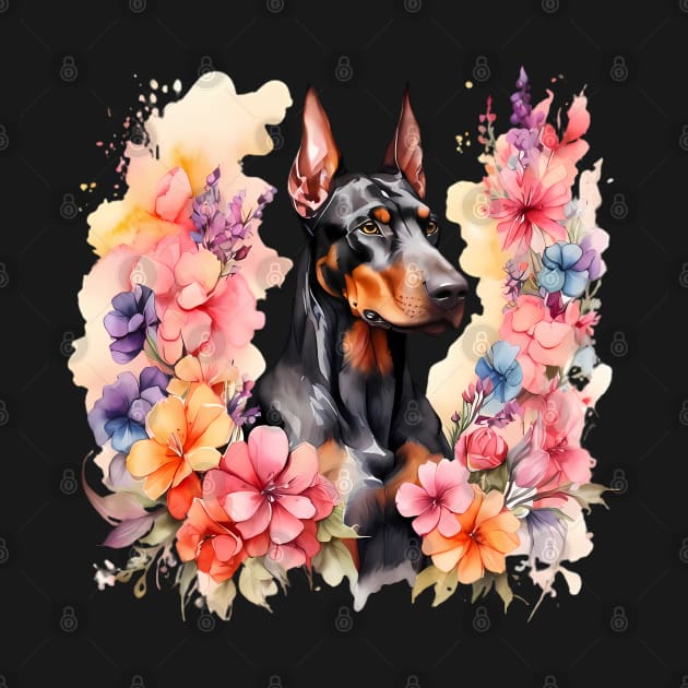 A doberman decorated with beautiful watercolor flowers by CreativeSparkzz