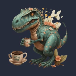 cute trex dinosaur drinking a coffee cute dino coffee time gift ideas ,dinosaur coffee tees gifts T-Shirt