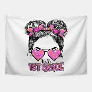 Kids Hello First Grade Messy Bun Girls 1st Grade Back To School Tapestry