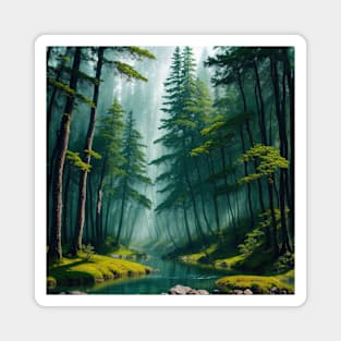 Mysterious Foggy Pine Forest Magnet