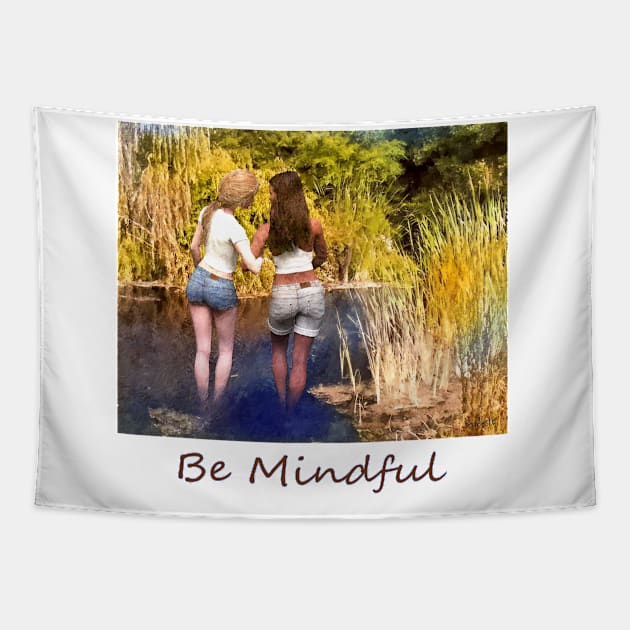 Two women girls wading in pond zen yoga buddhism Tapestry by Fantasyart123