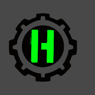 Green Letter H in a Black Industrial Cog T-Shirt